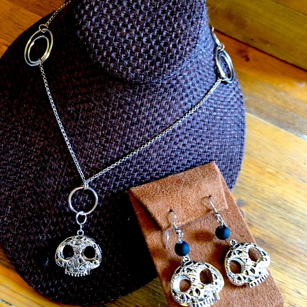 Custom made Sugar Skull 30” Necklace and Dangle Earrings Set.